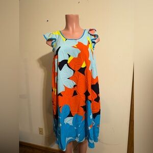 Crown & Ivy Women’s Large A-Line Flutter Sleeve dress colorful print Blue Orange